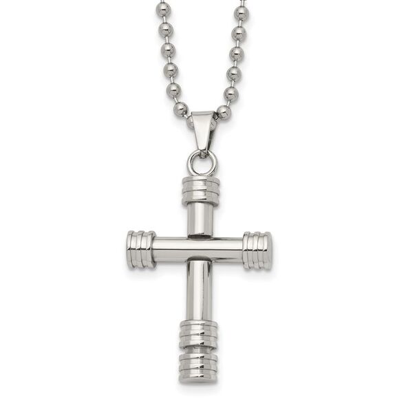 Men's Stainless Steel Polished Fancy Tube Cross Necklace 22 Inch